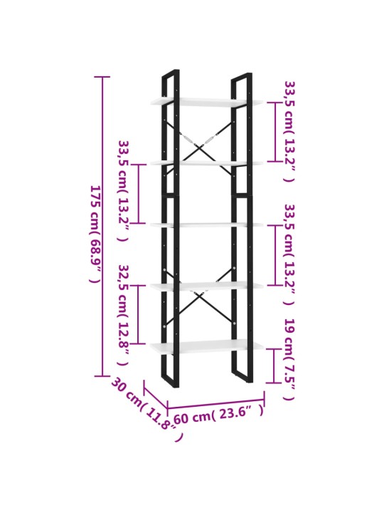 5-tasoinen kirjahylly valkoinen 60x30x175 cm tekninen puu