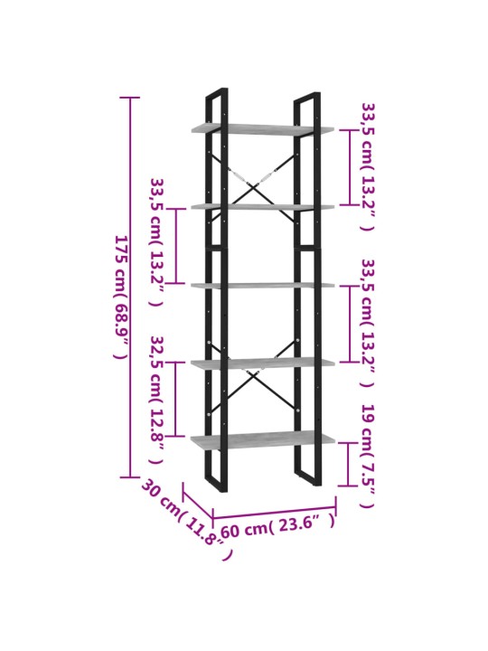 5-tasoinen kirjahylly betoninharmaa 60x30x175 cm tekninen puu