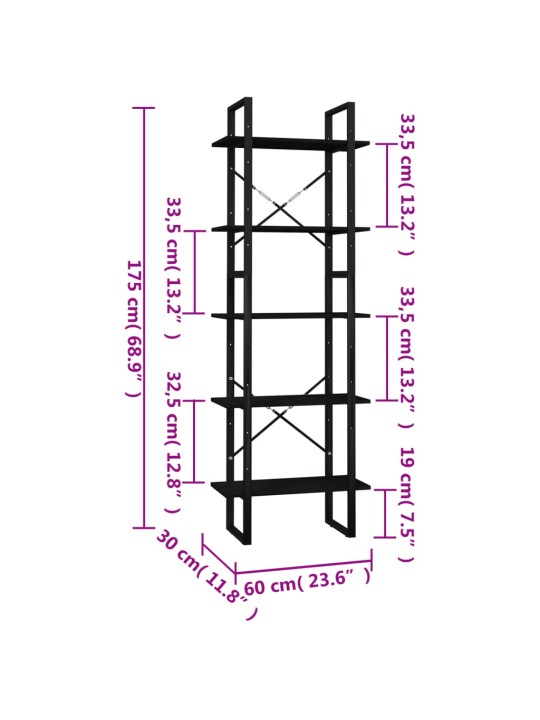 5-tasoinen Kirjahylly musta 60x30x175 cm mänty