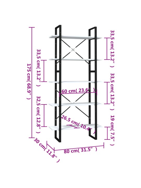 5-tasoinen Kirjahylly valkoinen 80x30x175 cm tekninen puu