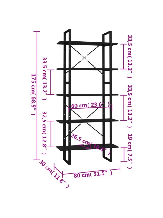 5-tasoinen Kirjahylly musta 80x30x175 cm tekninen puu