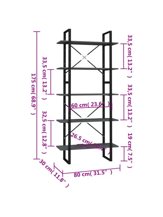5-tasoinen Kirjahylly harmaa 80x30x175 cm tekninen puu