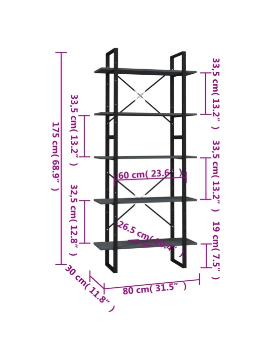 5-tasoinen Kirjahylly harmaa 80x30x175 cm mänty
