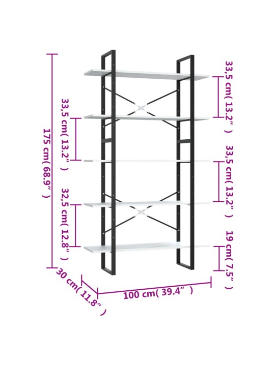 5-tasoinen kirjahylly valkoinen 100x30x175 cm tekninen puu