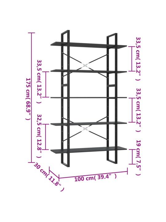 5-tasoinen kirjahylly harmaa 100x30x175 cm tekninen puu
