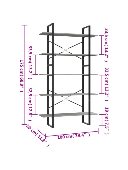 5-tasoinen kirjahylly betoninharmaa 100x30x175 cm tekninen puu