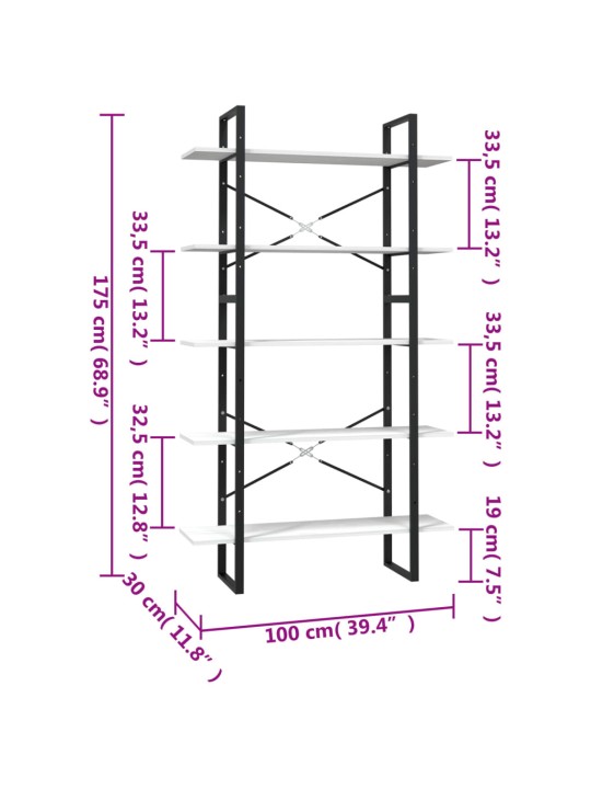 5-tasoinen Kirjahylly valkoinen 100x30x175 cm mänty