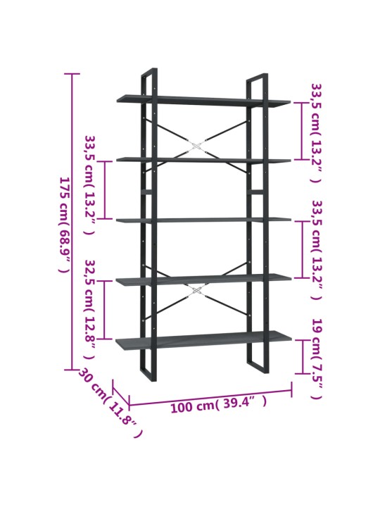 5-tasoinen Kirjahylly harmaa 100x30x175 cm mänty