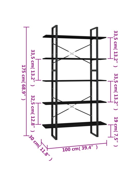 5-tasoinen Kirjahylly musta 100x30x175 cm mänty