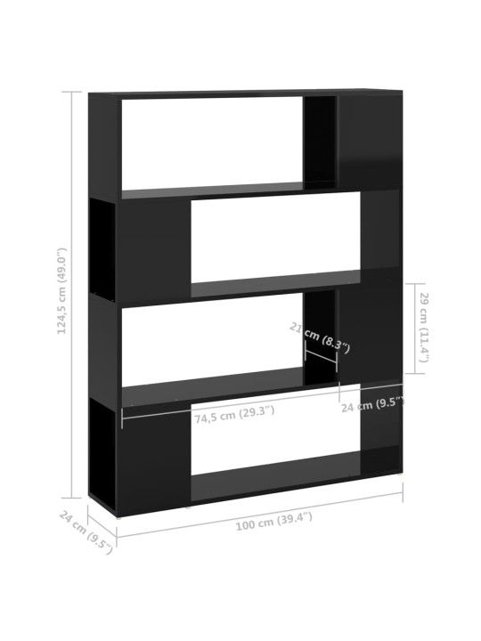 Kirjahylly/tilanjakaja korkeakiilto musta 100x24x124 cm