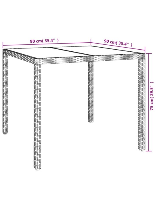 Puutarhapöytä 90x90x75 cm karkaistu lasi ja polyrottinki ruskea