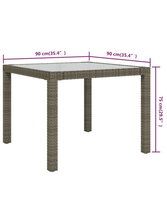 Puutarhapöytä 90x90x75 cm karkaistu lasi ja polyrottinki harmaa