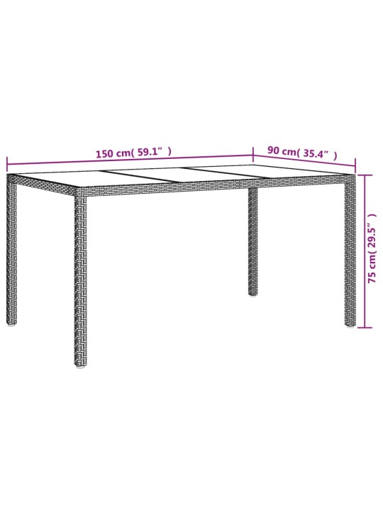 Puutarhapöytä 150x90x75cm karkaistu lasi ja polyrottinki ruskea