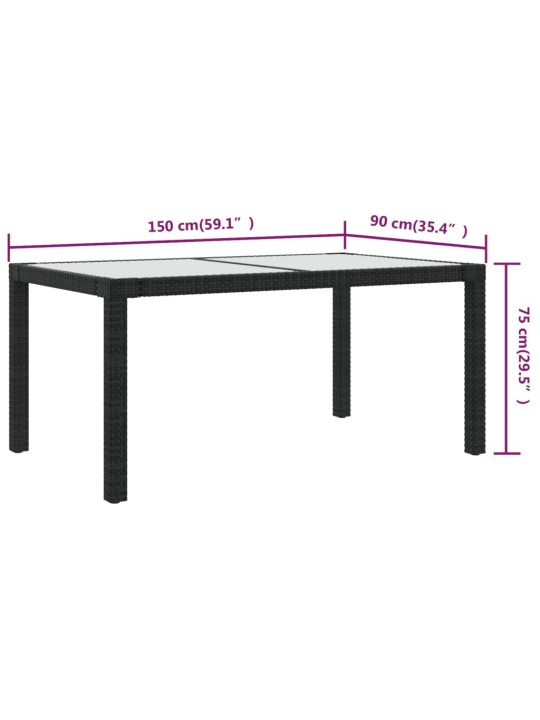 Puutarhapöytä 150x90x75cm karkaistu lasi ja polyrottinki musta