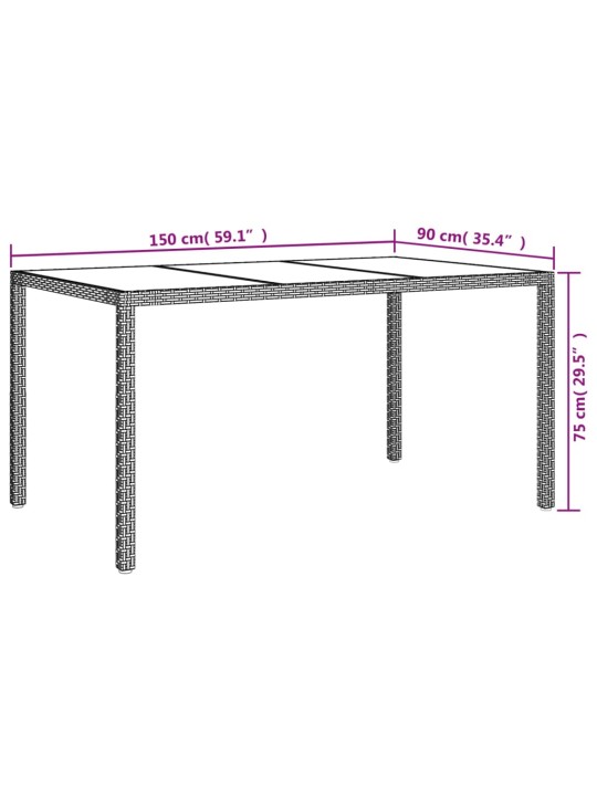 Puutarhapöytä 150x90x75cm karkaistu lasi ja polyrottinki harmaa