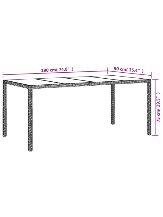 Puutarhapöytä 190x90x75cm karkaistu lasi ja polyrottinki ruskea