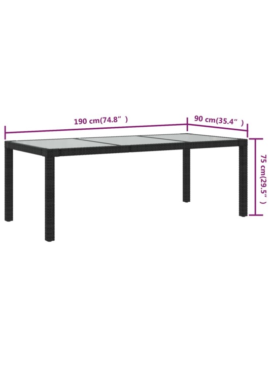 Puutarhapöytä 190x90x75 cm karkaistu lasi ja polyrottinki musta