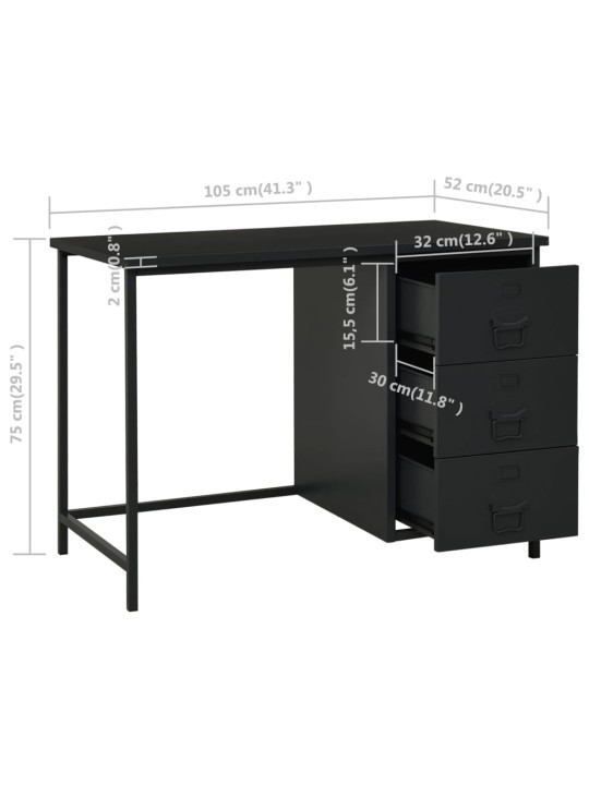 Teollinen työpöytä laatikoilla musta 105x52x75 cm teräs