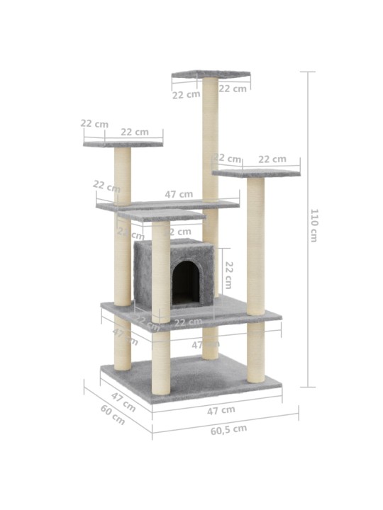 Kissan kiipeilypuu sisal- raapimispylväillä vaaleanharmaa 110cm