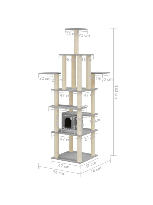 Kissan kiipeilypuu sisal- raapimispylväillä vaaleanharmaa 183cm