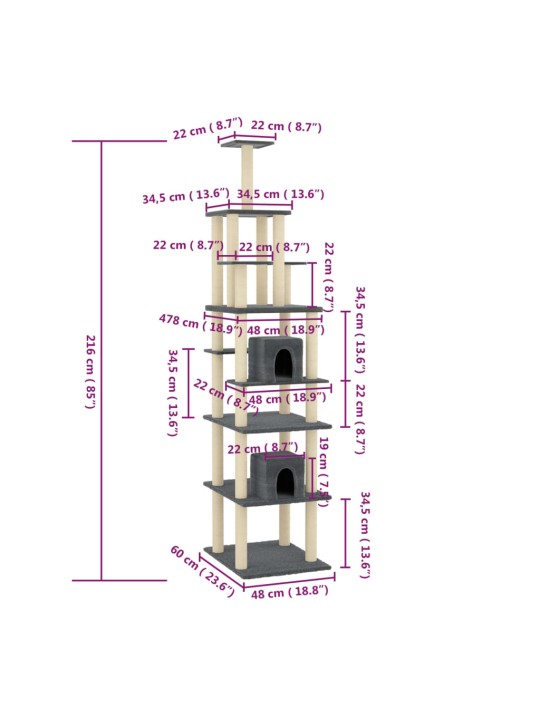 Kissan kiipeilypuu sisal- raapimispylväillä tummanharmaa 216 cm