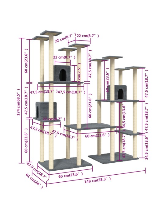 Kissan kiipeilypuu sisal- raapimispylväillä tummanharmaa 174 cm