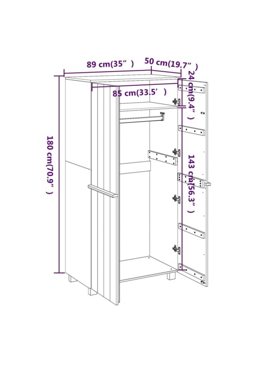 Vaatekaappi HAMAR hunajanruskea 89x50x180 cm täysi mänty