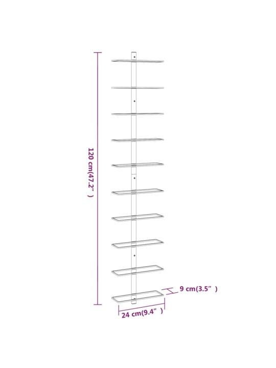 Seinäkiinnitettävä viinipulloteline 10 pullolle kulta metalli