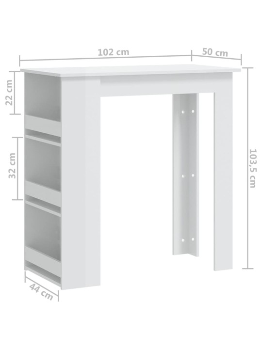 Baaripöytä säilytystelineellä korkeakiilto valk 102x50x103,5 cm