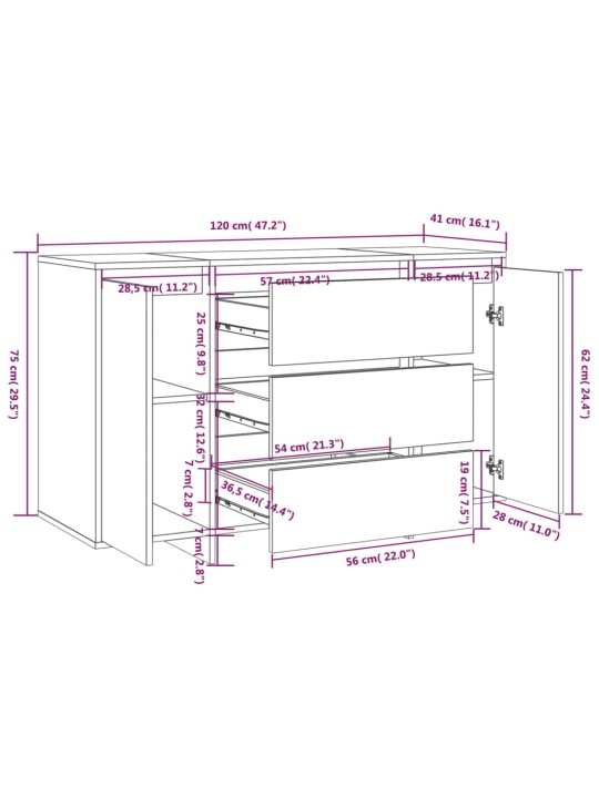 Senkki 3 vetolaatikkoa musta 120x41x75 cm tekninen puu