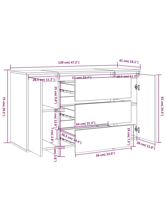 Senkki 3 vetolaatikolla ruskea tammi 120x41x75 cm lastulevy