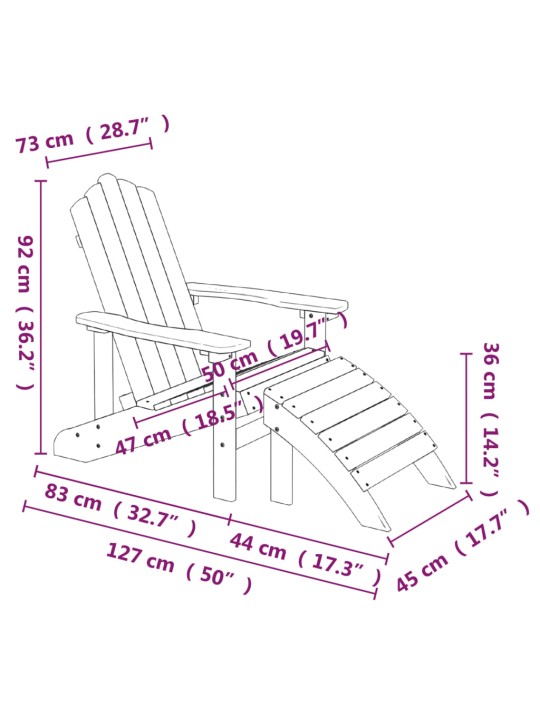 Adirondack puutarhatuolit 2 kpl jalkatuilla HDPE valkoinen