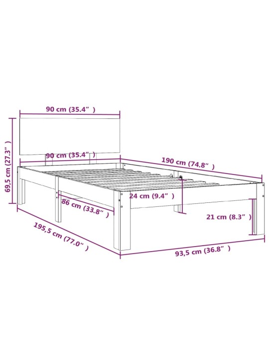 Sängynrunko valkoinen täysi puu 90x190 cm 3FT Single