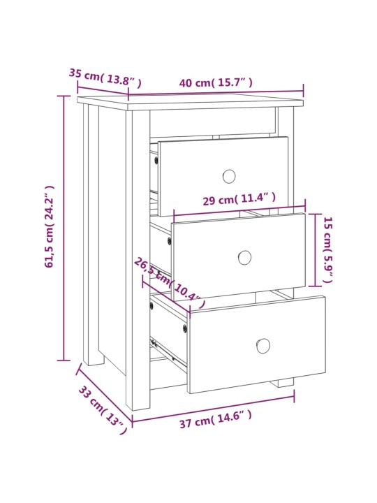 Yöpöydät 2 kpl harmaa 40x35x61,5 cm täysi mänty