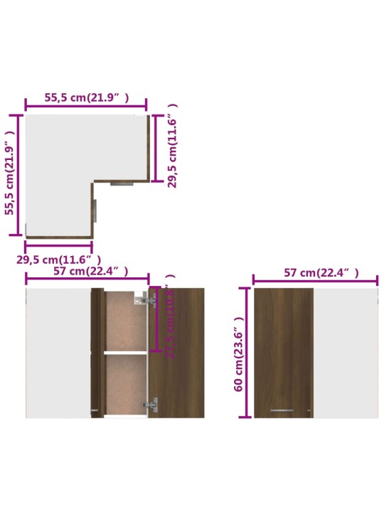 Riippuva kulmakaappi ruskea tammi 57x57x60 cm tekninen puu