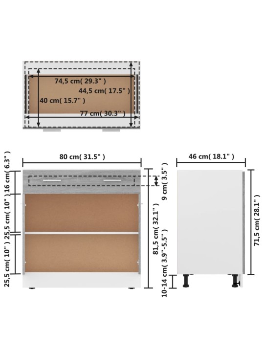 Alakaappi laatikolla harmaa Sonoma 80x46x81,5 cm tekninen puu