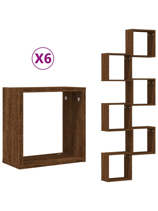 Kuutioseinähyllyt 6 kpl ruskea tammi 30x15x30 cm