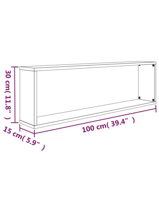 Seinäkuutiohyllyt 2 kpl savutammi 100x15x30 cm tekninen puu