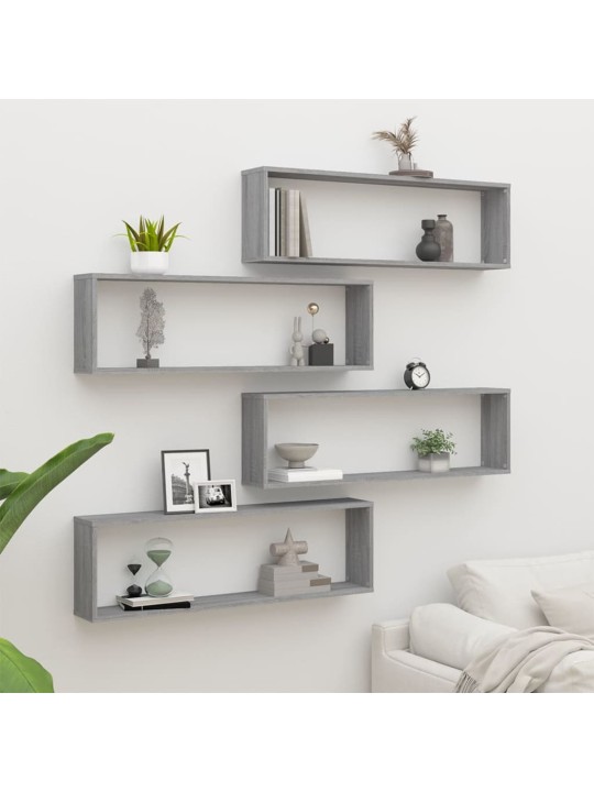 Seinäkuutiohyllyt 4 kpl harmaa sonoma 100x15x30 cm tekninen puu
