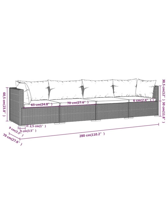 4-osainen Puutarhasohvasarja tyynyillä polyrottinki ruskea