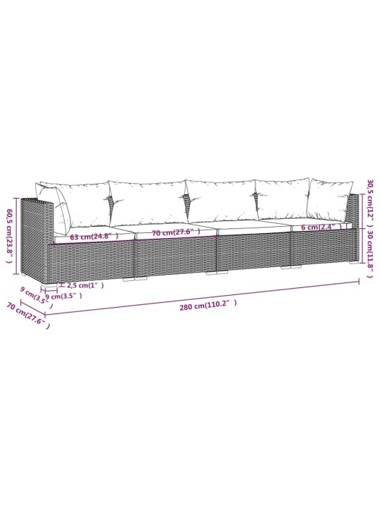 4-osainen Puutarhasohvasarja tyynyillä polyrottinki ruskea