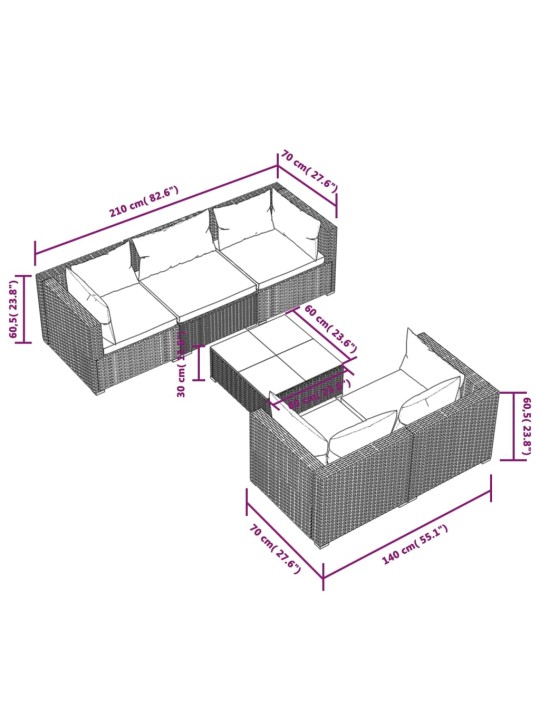 6-osainen Puutarhasohvasarja tyynyillä polyrottinki ruskea