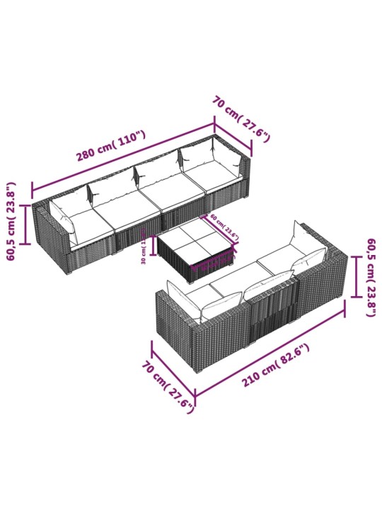 8-osainen Puutarhasohvasarja tyynyillä polyrottinki ruskea