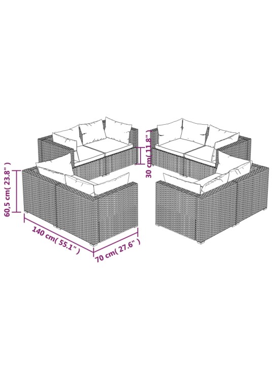 8-osainen Puutarhasohvasarja tyynyillä polyrottinki ruskea