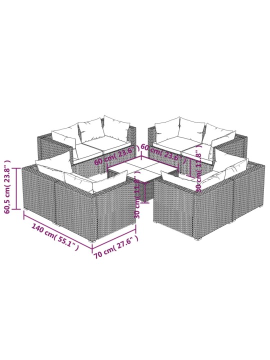 9-osainen Puutarhasohvasarja tyynyillä polyrottinki ruskea