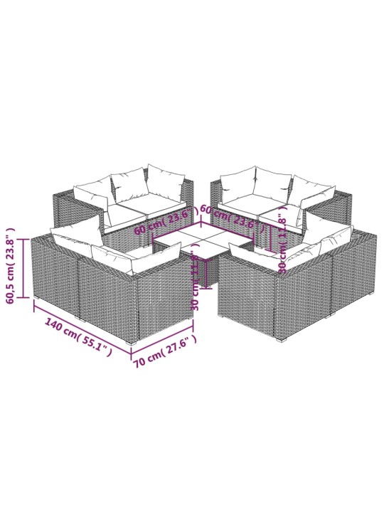 9-osainen Puutarhasohvasarja tyynyillä polyrottinki ruskea