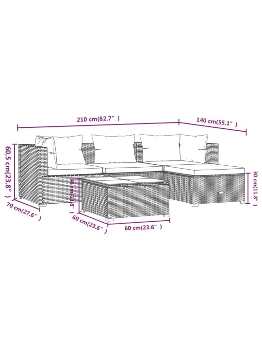 5-osainen Puutarhasohvasarja tyynyillä polyrottinki ruskea