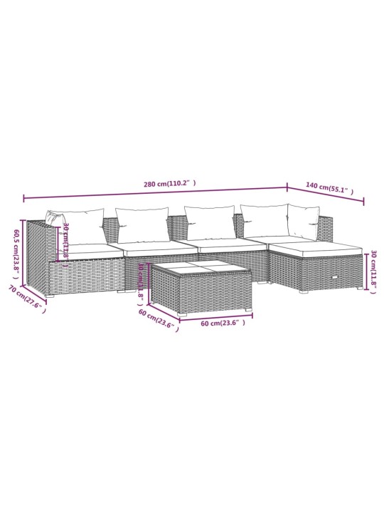 6-osainen Puutarhasohvasarja tyynyillä polyrottinki ruskea