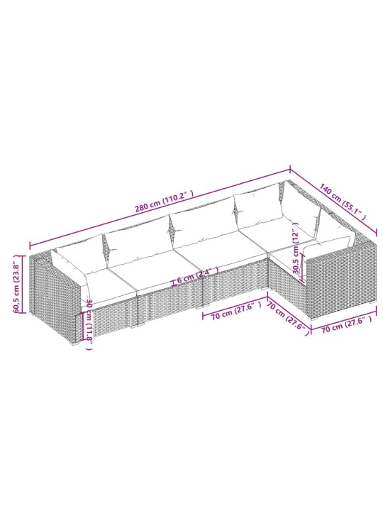 5-osainen Puutarhasohvasarja tyynyillä polyrottinki ruskea