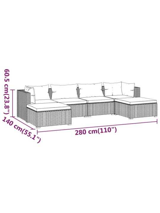 6-osainen Puutarhasohvasarja tyynyillä polyrottinki ruskea